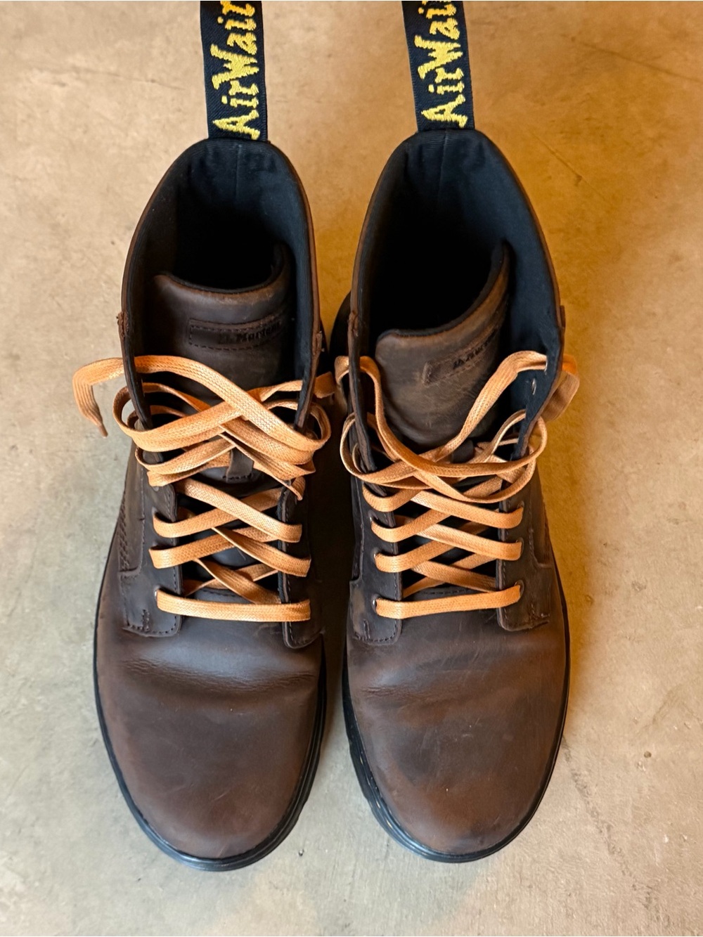 Dr. Martens Men's Brown Leather Combat Platform Boots with Yellow Stitching 9